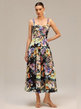 NWOT NICHOLAS Drenica Drop Waist Corset Midi Dress Martos Print Black US Size 4